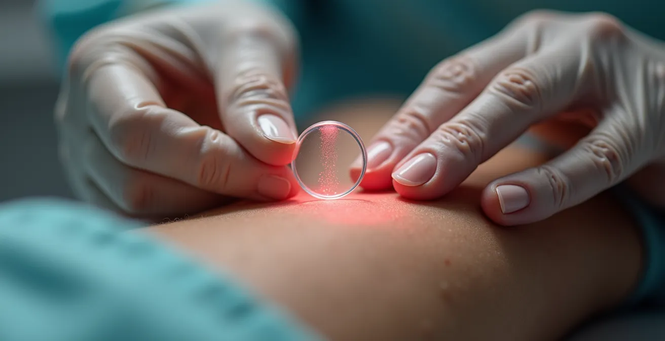 Main effectuant un test de vitropression sur la peau d'une personne âgée