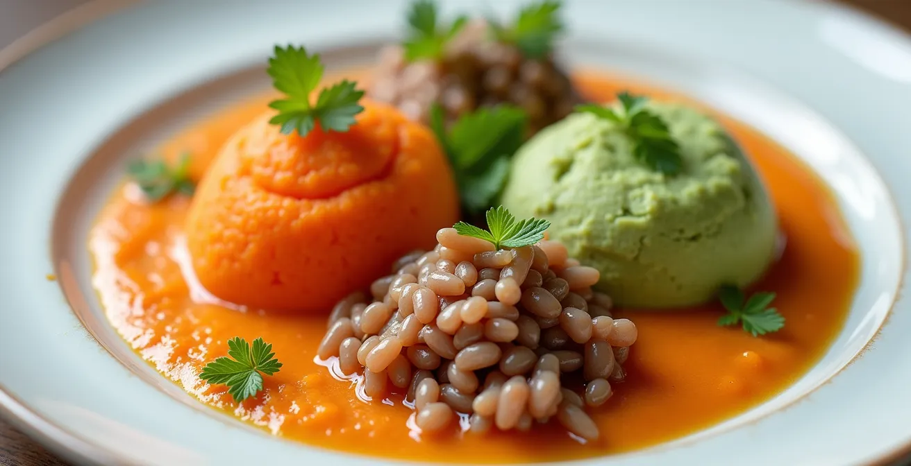 Présentation appétissante d'un repas à texture modifiée avec différents composants colorés bien séparés