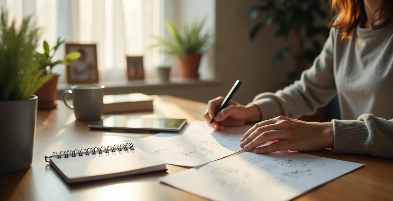 Mère consultant attentivement des documents de références sur une table, avec cahier de notes et stylo