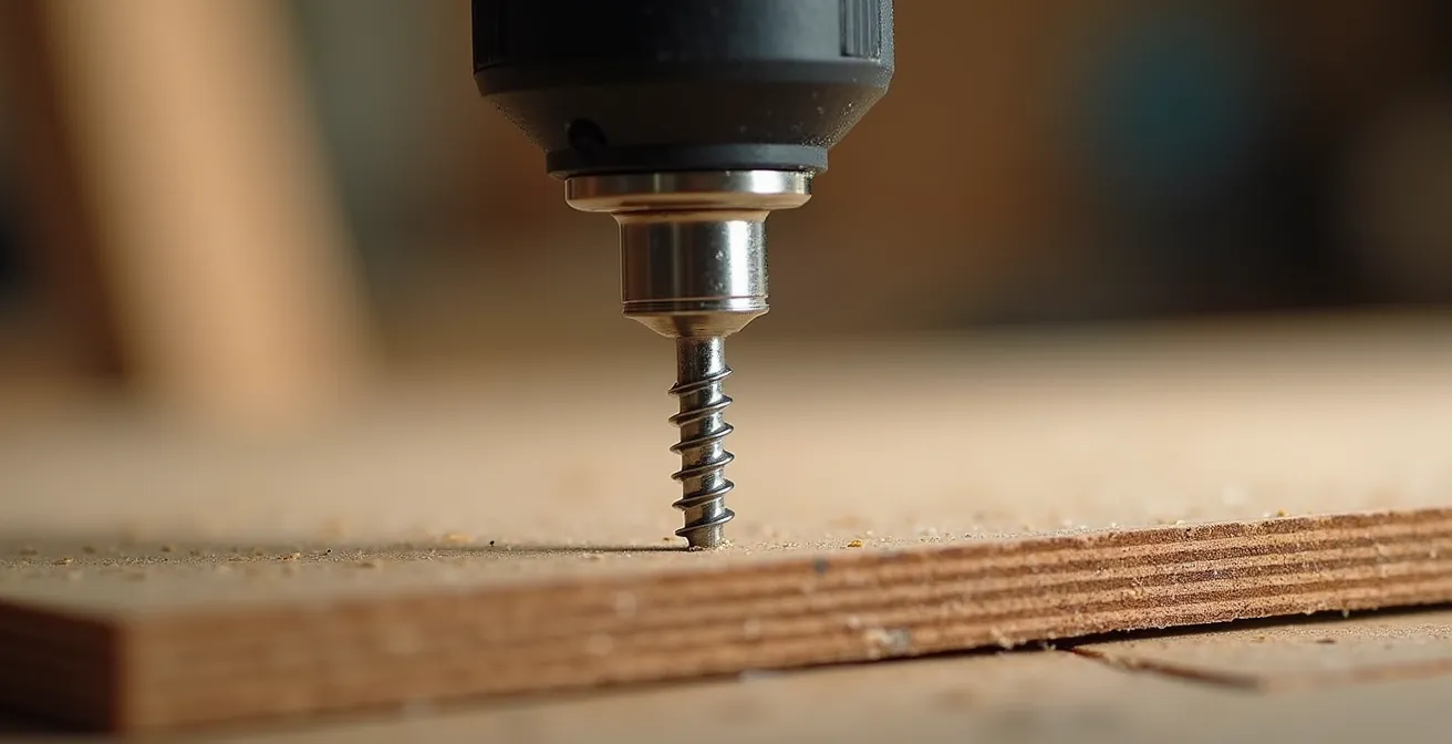 Gros plan sur une visseuse professionnelle avec réglage de couple en action sur panneau de particules