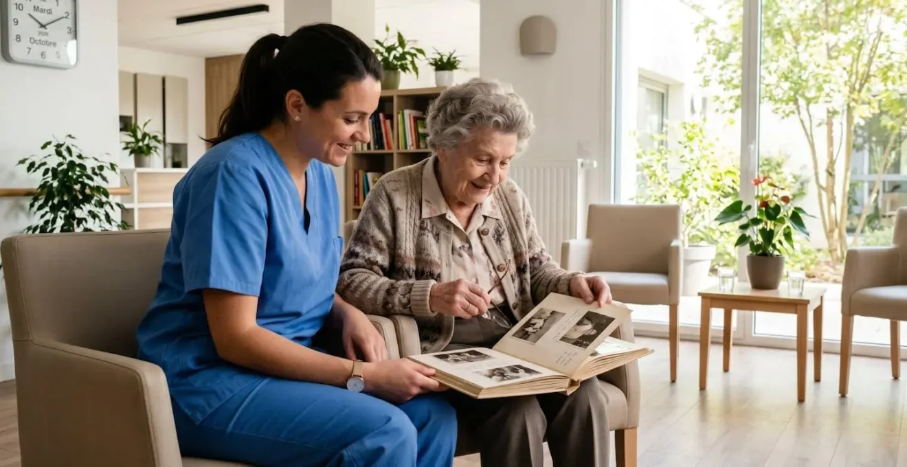 Vue de profil d'une aide-soignante et d'une résidente âgée regardant ensemble un album photo ouvert, assises côte à côte dans une chambre d'EHPAD lumineuse et moderne, sans regarder l'objectif