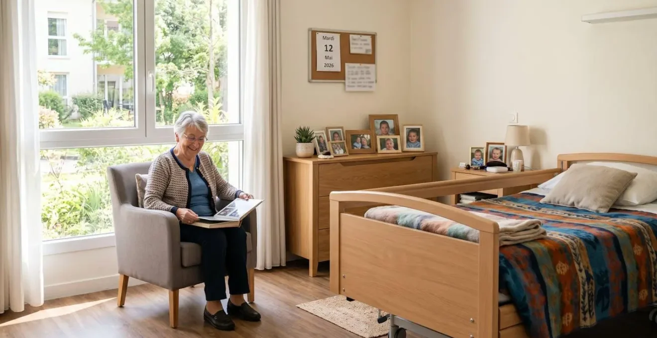Chambre d'EHPAD contemporaine baignée de lumière naturelle avec fauteuil moderne, cadres photos sur commode en bois clair et plaid coloré sur le lit