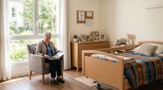 Chambre d'EHPAD contemporaine baignée de lumière naturelle avec fauteuil moderne, cadres photos sur commode en bois clair et plaid coloré sur le lit