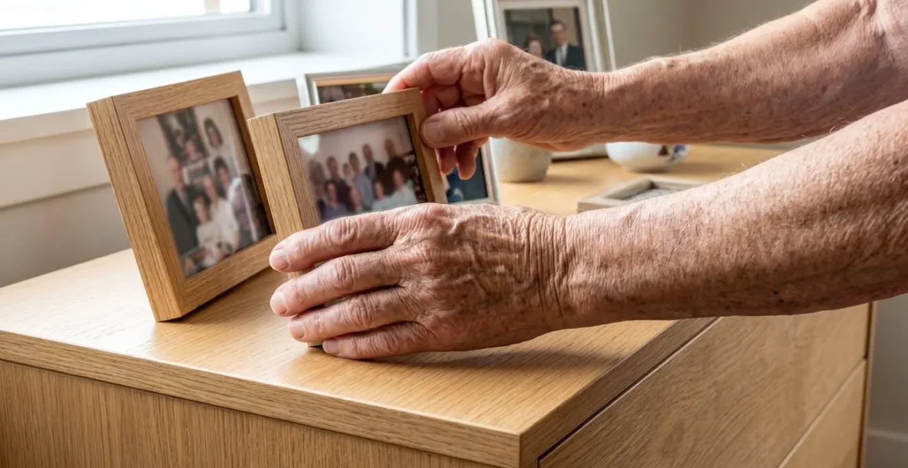 Gros plan sur des mains de personne âgée arrangeant délicatement des cadres photos de famille sur une commode en bois clair, avec arrière-plan flouté baigné de lumière naturelle