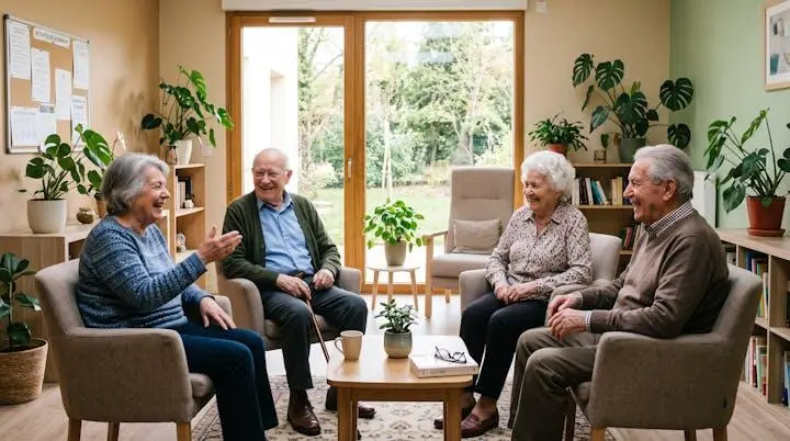 Résidents en maison de retraite discutant joyeusement dans un salon commun lumineux