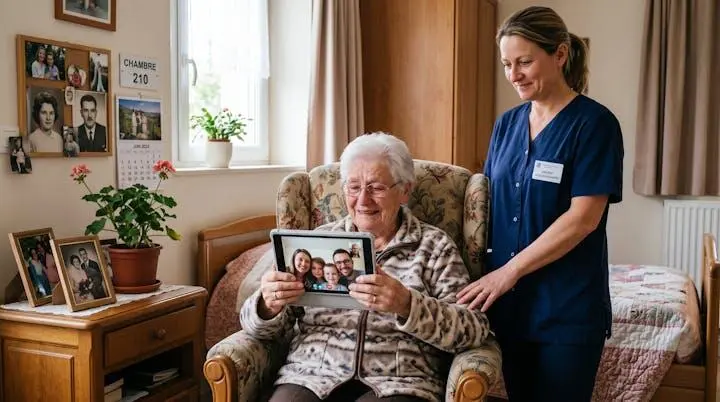 Senior en EHPAD utilisant une tablette pour un appel vidéo avec sa famille, sourire aux lèvres